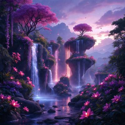 The primary subject of the image is a beautiful waterfall surrounded by purple flowers. The waterfall is located in a picturesque setting, with a mountainous background and a serene atmosphere. The visual style of the image is a digital art, which adds a sense of depth and realism to the scene. The dominant colors in the image are purple and pink, creating a calming and romantic mood.